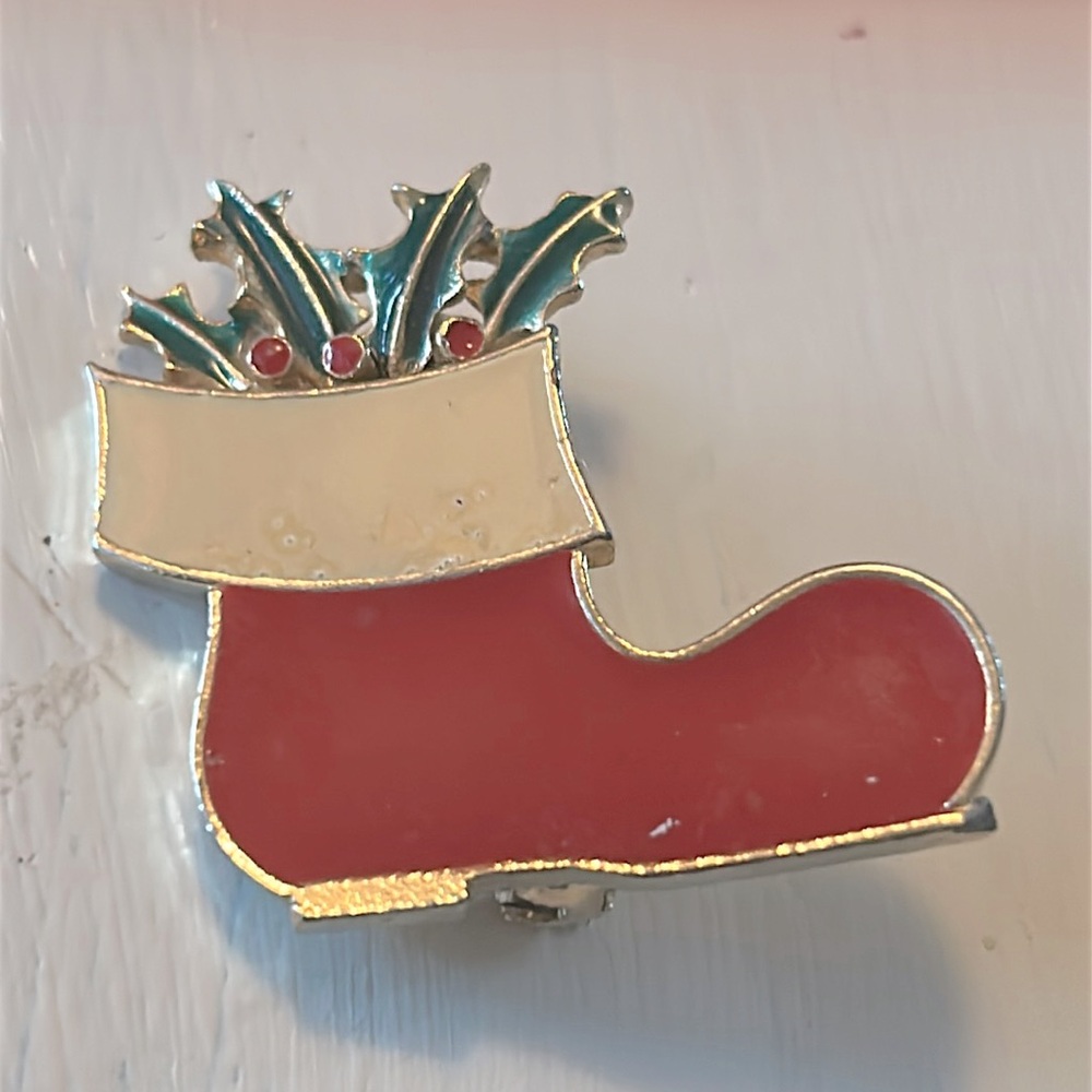 Beatrix Christmas Stocking Brooch Red Green Enamel Holly Signed Vintage
